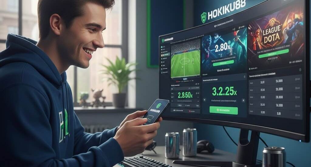 Pemain pemula sedang menikmati taruhan sport games online di Hokiku88, menampilkan sepak bola, bola basket, dan eSports dengan odds tinggi secara realistis.