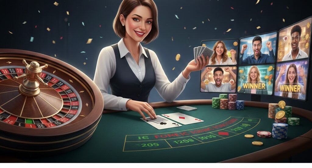 Dealer profesional di kasino live online, dengan meja blackjack, roda roulette berputar, dan pemain berinteraksi melalui streaming real-time di 12Hoki.