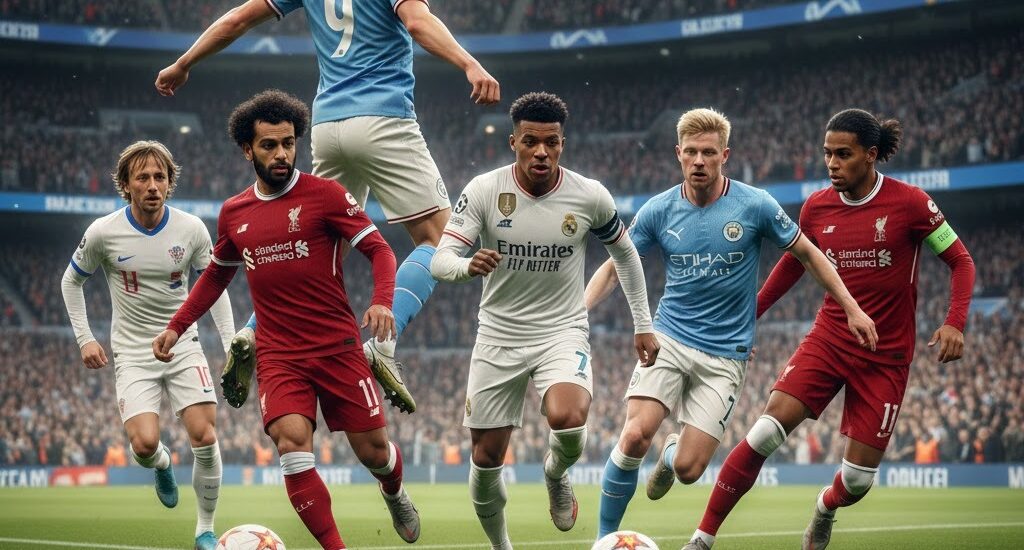 Statistik pemain top dunia 2026 menampilkan Haaland, Mbappe, Salah, dan De Bruyne dalam aksi realistis