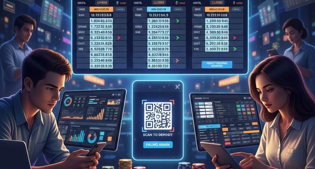 Ilustrasi Situs Togel Games Deposit QRIS Paling Aman menggunakan Hokijoss, menampilkan papan angka digital, pembayaran QRIS, dan pemain mobile