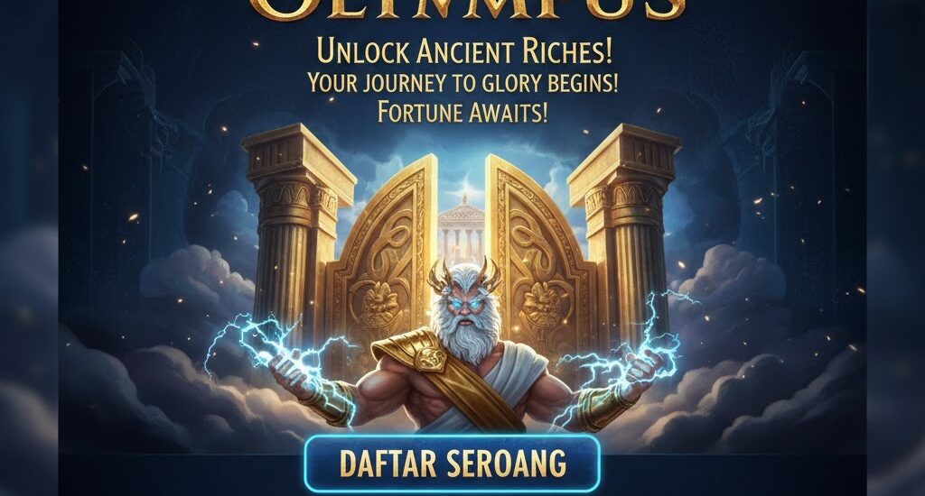 Gates of Olympus versi terbaru 2026 menampilkan Zeus dengan gerbang Olympus dan petir emas